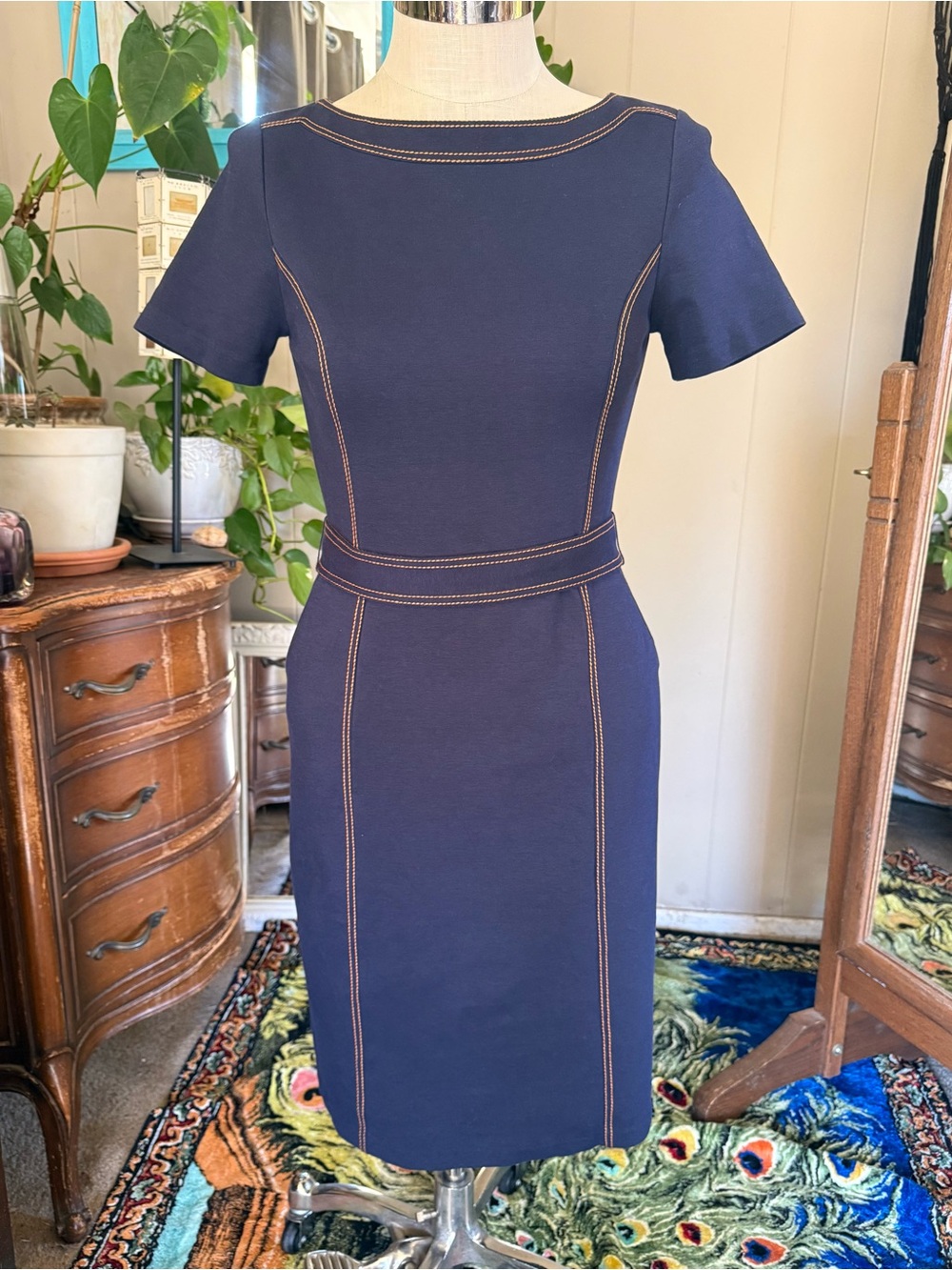 Boden Navy Sheath Dress with Contrast Stitching, size 6L